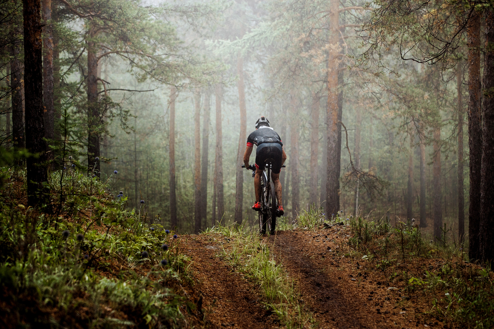 person riding a bike on a muddy trail in the forest