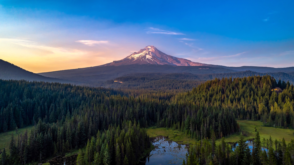 aerial image of mount hood during a sunset