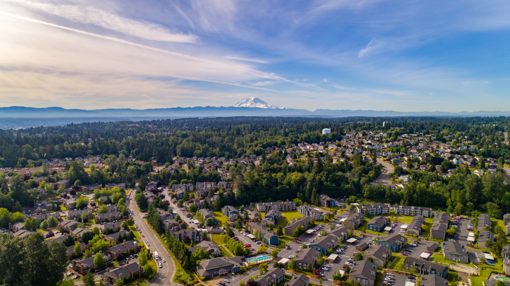 Aerial view of Mount Rainier from Spanaway, WA