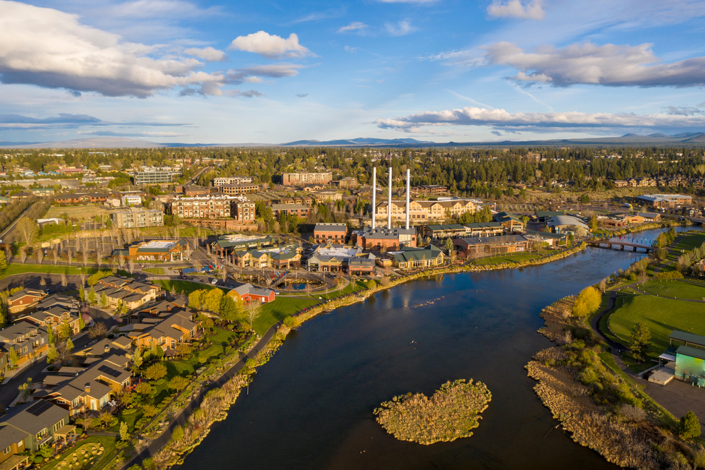Aerial view of the Mill District in Bend