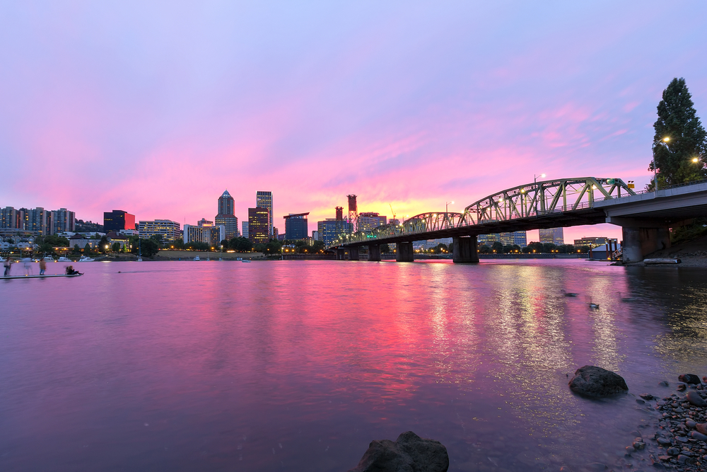 Pink sunset over the Portland Skyline
