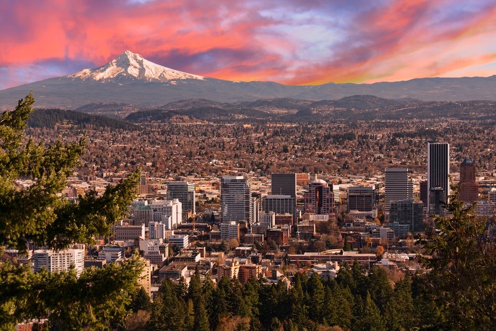 Aerial view of Portland and Mount Hood in the background