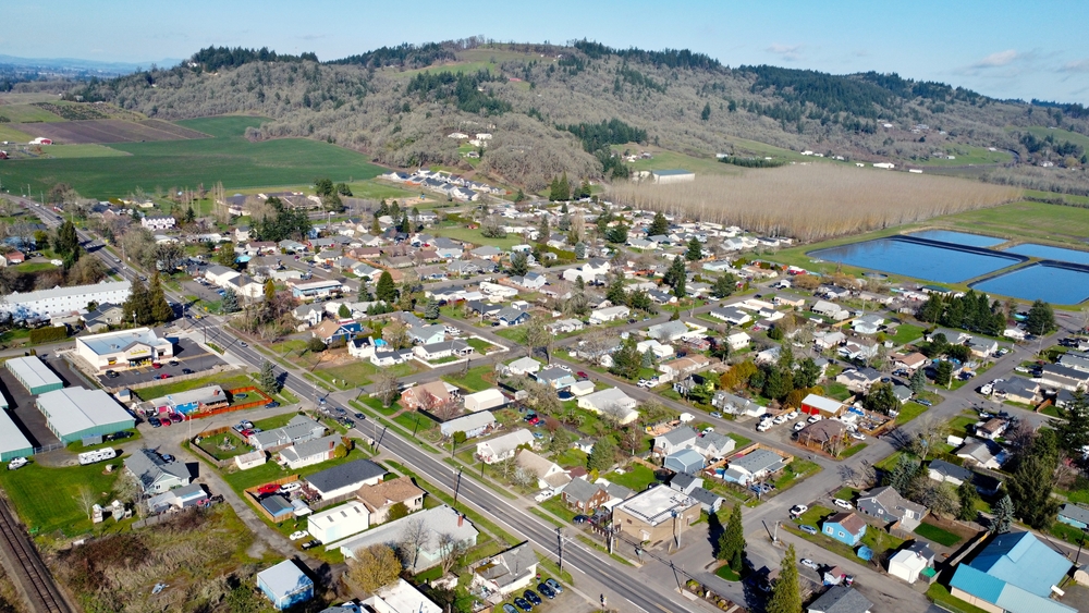 Aerial view of Amity, Oregon during a sunny day