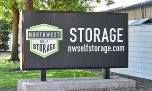 Office sign for self storage location in Portland, OR on NE Erin Way
